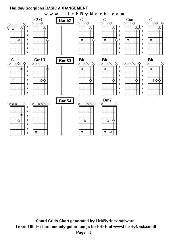 Chord Grids Chart of chord melody fingerstyle guitar song-Holiday-Scorpions-BASIC ARRANGEMENT,generated by LickByNeck software.